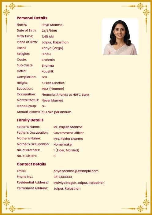 matrimony biodata for girl