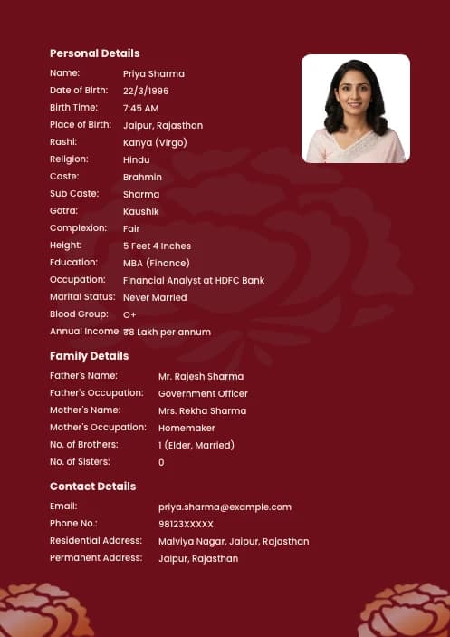 matrimonial biodata format for girl