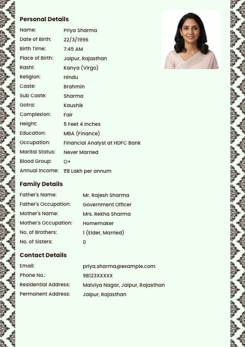 wedding biodata format for girl