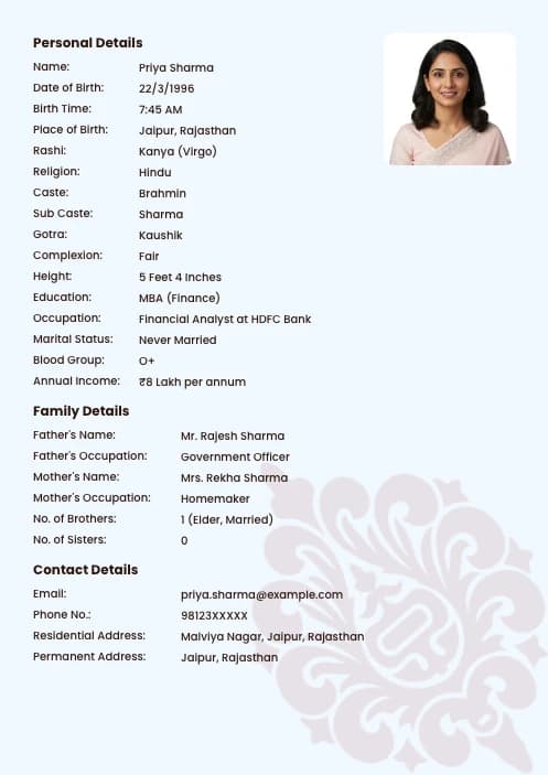 biodata photo format for girl