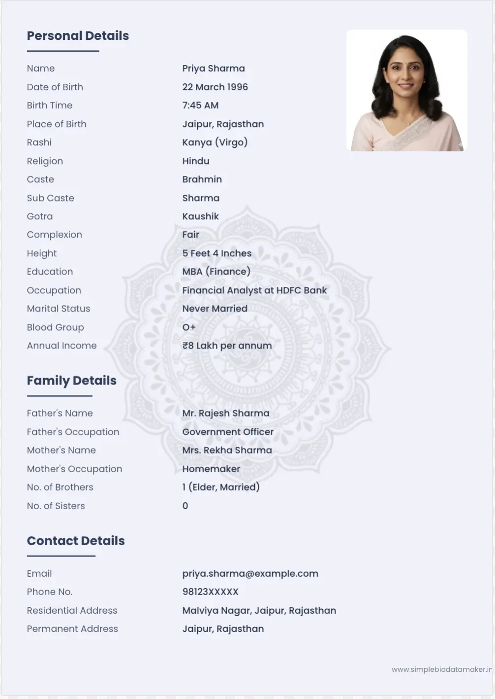professional biodata for girl marriage