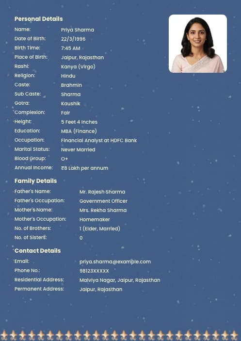 girl bio data format marriage sample