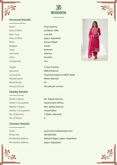 Hindu Marriage Biodata Format matrimony biodata format variant 2 with elegant design