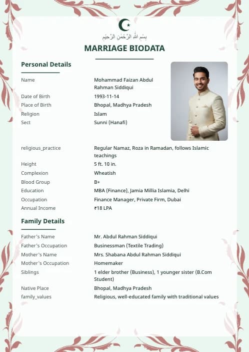 Muslim Marriage Biodata Format (PDF, Word, Images) – Free Templates matrimony biodata format variant 1 with elegant design