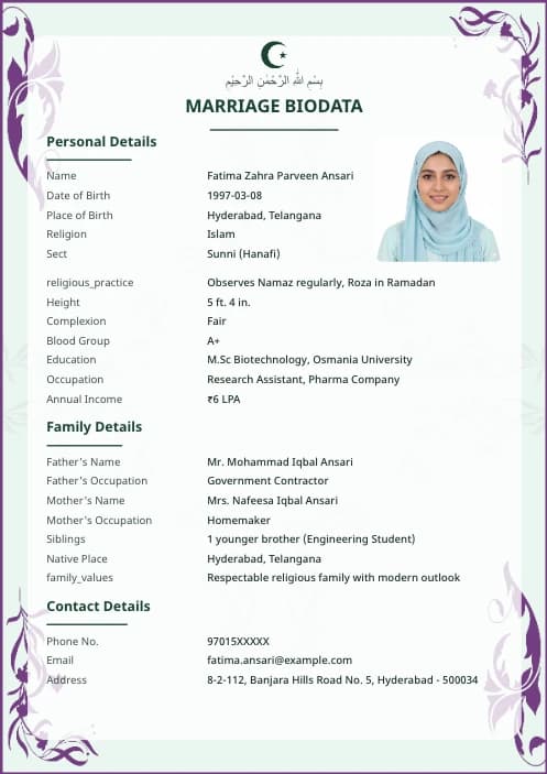 Muslim Marriage Biodata Format (PDF, Word, Images) – Free Templates matrimony biodata format variant 2 with elegant design
