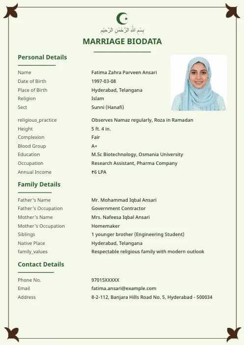 Muslim Marriage Biodata Format (PDF & Word Download) marriage biodata format template - simple elegant marriage biodata template