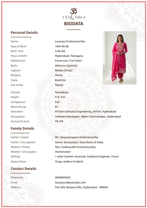 Telugu Marriage Biodata Format (PDF & Word Download) marriage biodata format template - best biodata format marriage professional