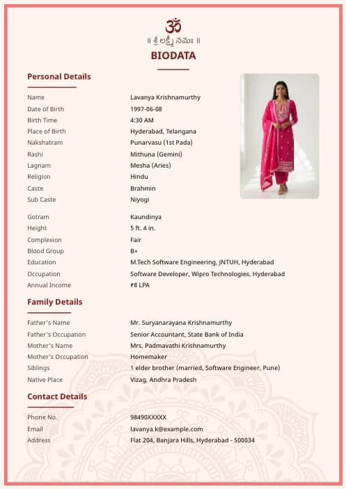 Telugu Marriage Biodata Format (PDF, Word, Images) – Free Templates matrimony biodata format variant 2 with elegant design