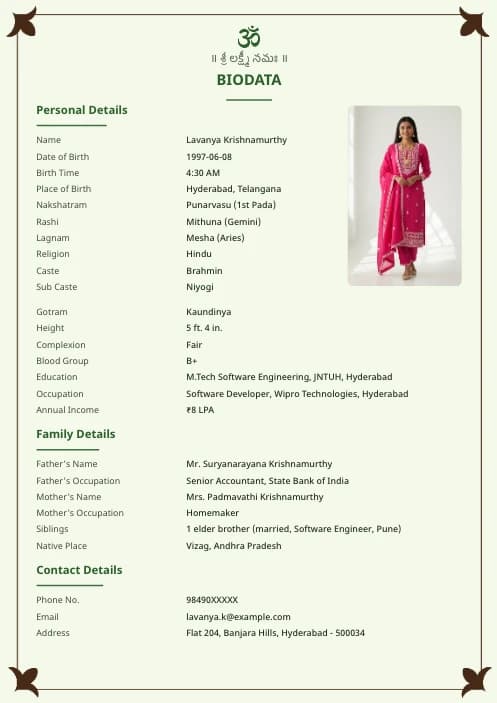 Telugu Marriage Biodata Format (PDF & Word Download) marriage biodata format template - simple elegant marriage biodata template