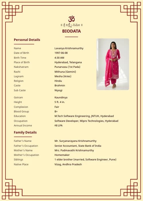 Telugu Marriage Biodata Format (PDF & Word Download) marriage biodata format template - simple indian marriage biodata format