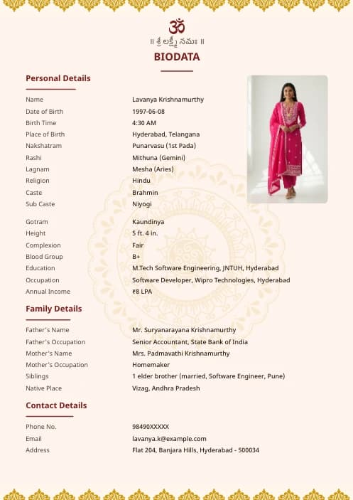 Telugu Marriage Biodata Format (PDF & Word Download) marriage biodata format template - simple shadi ka biodata template editable