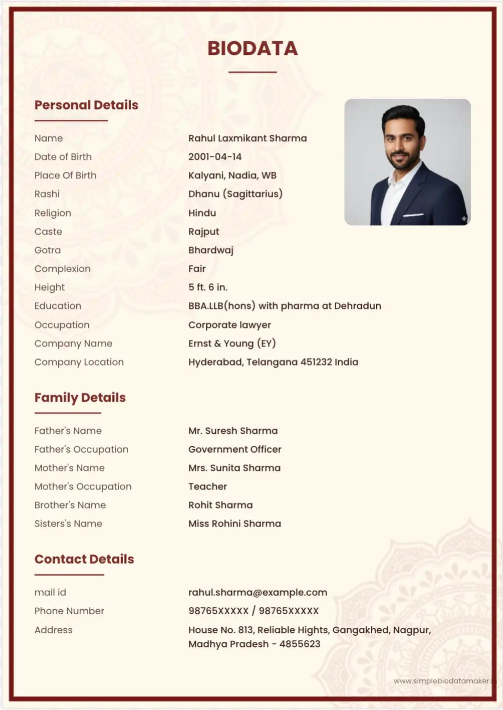 Maheshwari Marriage Biodata Format matrimony biodata format variant 1 with elegant design