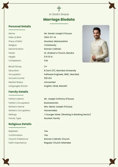 Christian Marriage Biodata Format (PDF, Word, Images) marriage biodata format template - simple elegant marriage biodata template