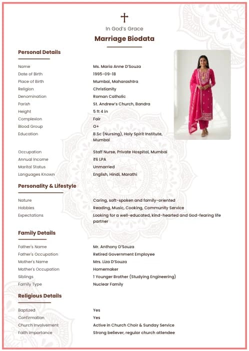 Christian Marriage Biodata Format (PDF, Word, Images) marriage biodata format template - best biodata format marriage professional