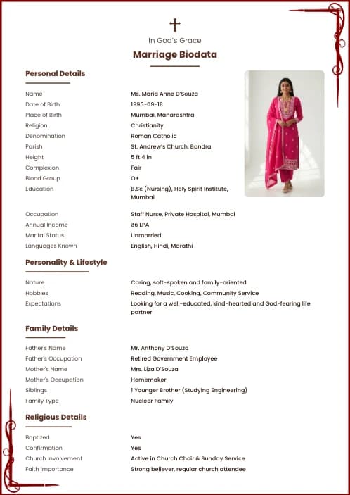 Christian Marriage Biodata Format (PDF, Word, Images) marriage biodata format template - marriage biodata maker online free template