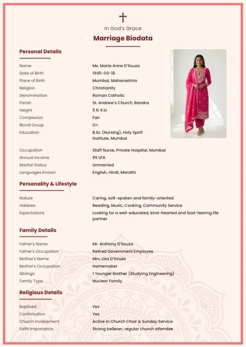 Christian Marriage Biodata Format (PDF, Word, Images) marriage biodata format template - modern marriage biodata design whatsapp