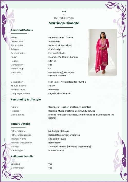 Christian Marriage Biodata Format (PDF, Word, Images) – Free Templates matrimony biodata format variant 2 with elegant design