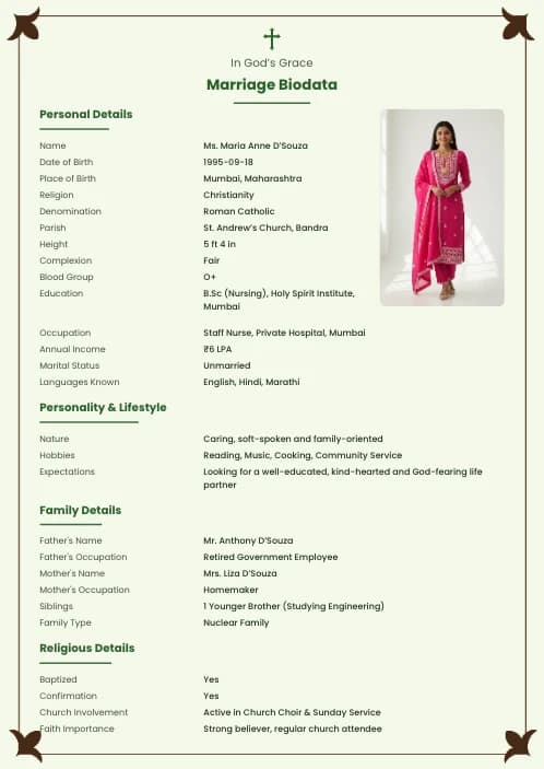 Christian Marriage Biodata Format (PDF, Word, Images) marriage biodata format template - simple elegant marriage biodata template