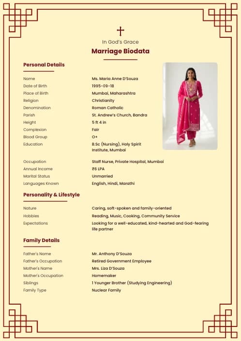 Christian Marriage Biodata Format (PDF, Word, Images) marriage biodata format template - simple indian marriage biodata format