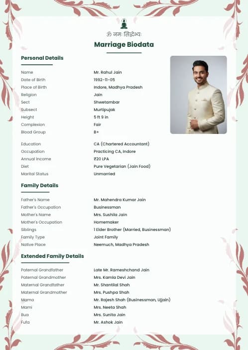 Jain Marriage Biodata Format (PDF, Word, Images) – Free Templates matrimony biodata format variant 1 with elegant design