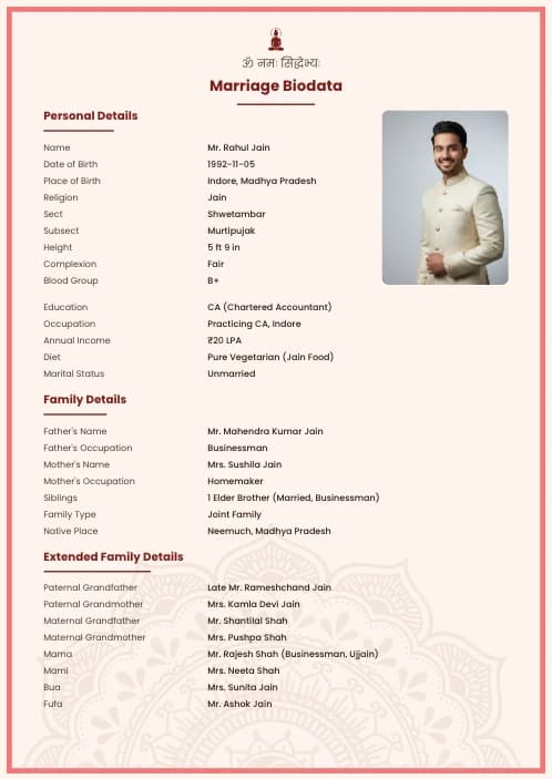 Jain Marriage Biodata Format (PDF & Word Download) marriage biodata format template - modern marriage biodata design whatsapp