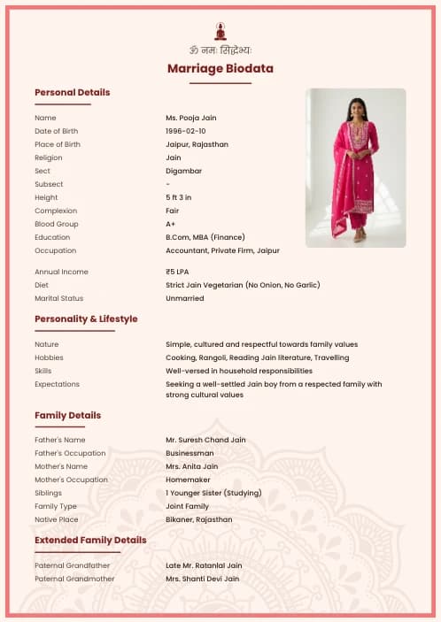 Jain Marriage Biodata Format (PDF & Word Download) marriage biodata format template - modern marriage biodata design whatsapp